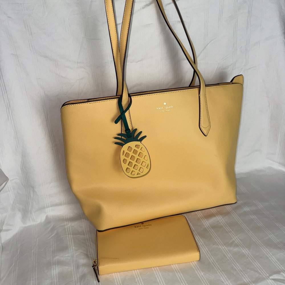 Kate Spade Buttercream Yellow Saffiano Leather Tote Bag Zip Wallet Set Pineapple - Picture 2 of 13
